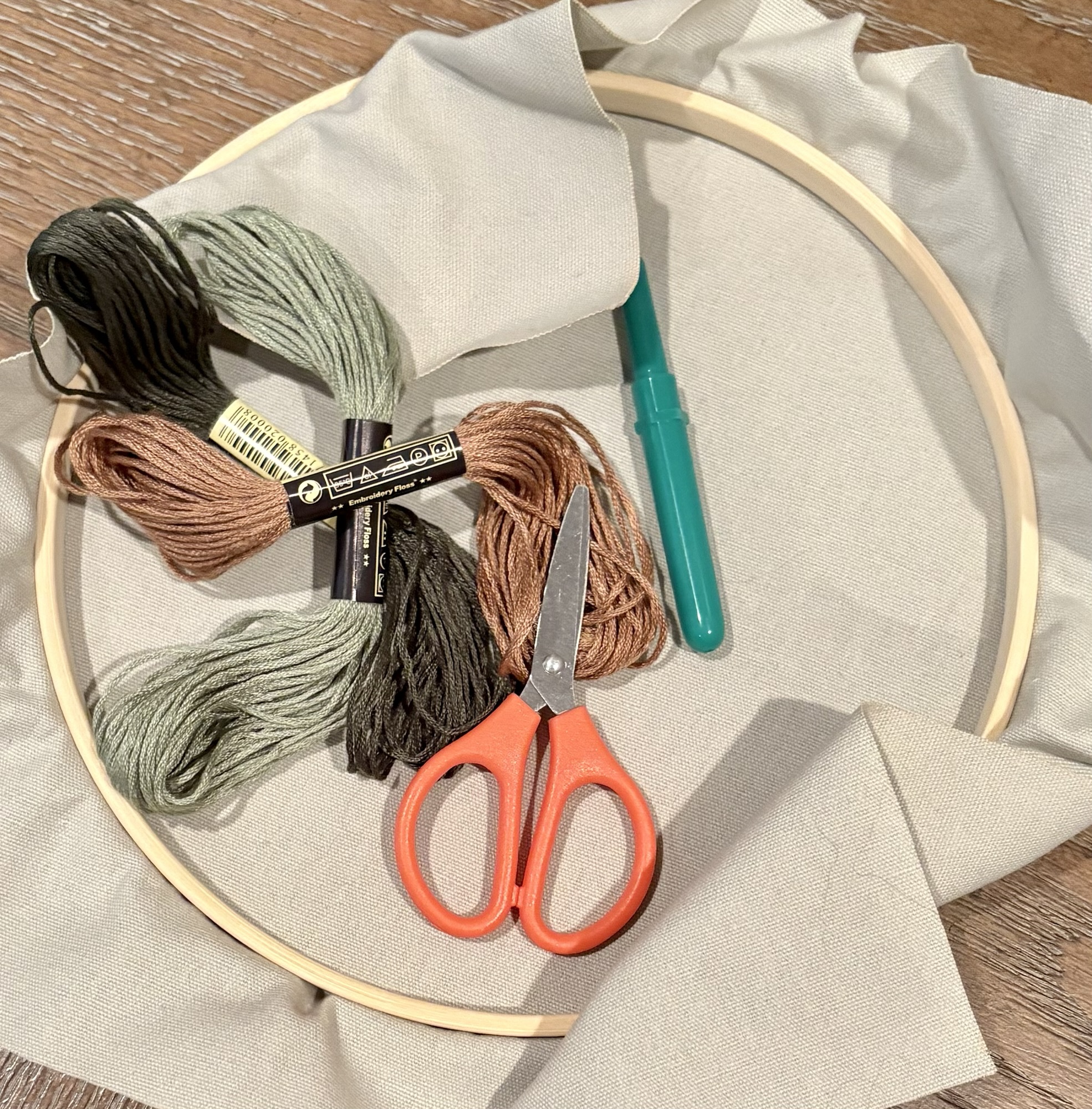 Embroidery supplies, such as thread and scissors